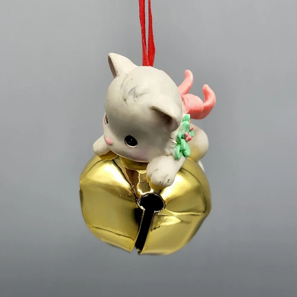 Vintage Precious Moments Cat Jingle Bell Ornament 2006 Kitten Pink Bow White
